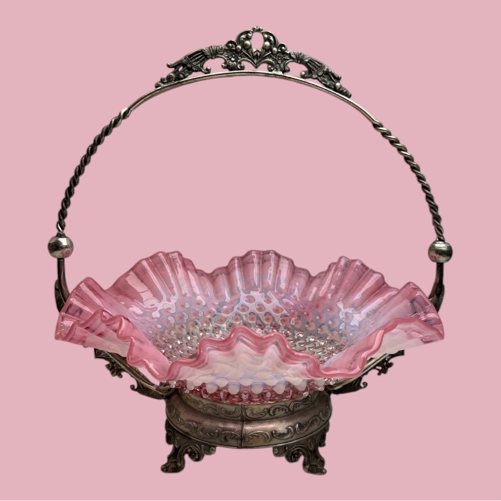 Vintage Bride's Basket Fenton Pink Hobnail Ruffled Bowl with Metal Holder